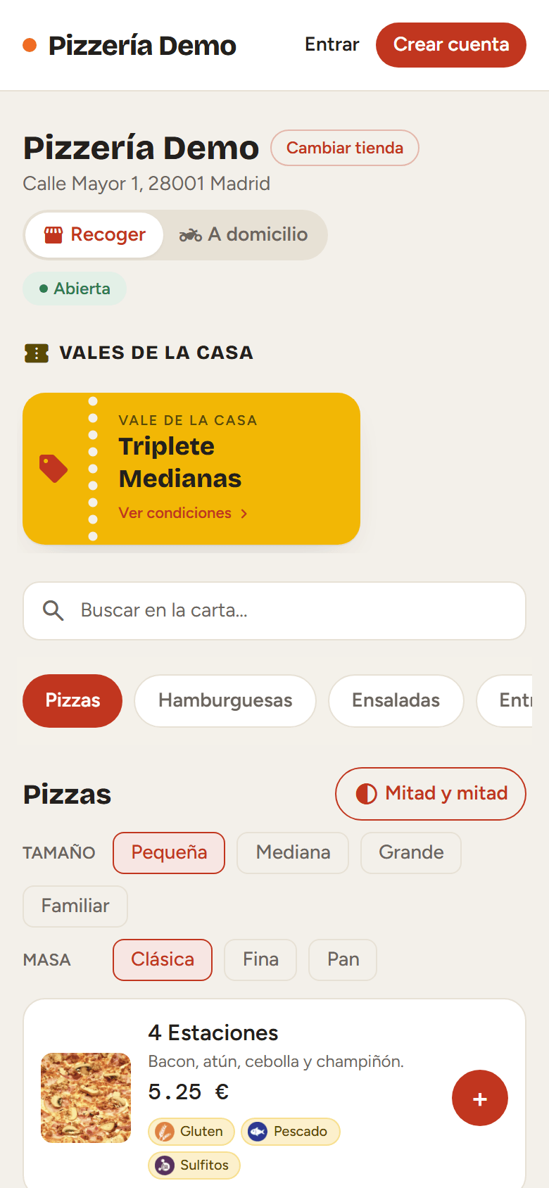 La carta de la tienda online en un móvil, con tamaño y masa.