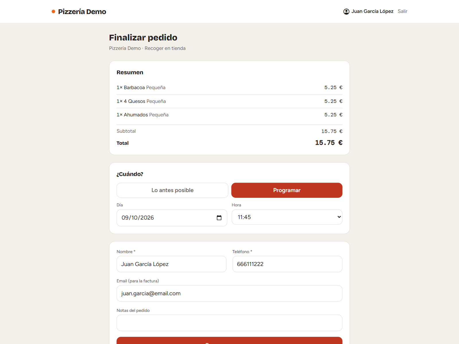 Checkout de la tienda online con «¿Cuándo?»: Programar, día y hora elegidos.