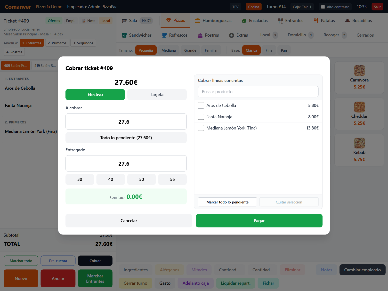 Cobro de un ticket: efectivo o tarjeta, billetes rápidos, cambio y cobro de líneas concretas.
