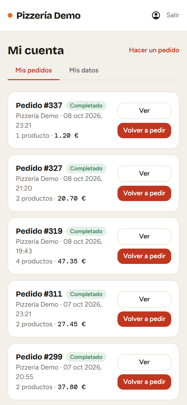 «Mi cuenta» en el móvil: pedidos anteriores con botón «Volver a pedir».