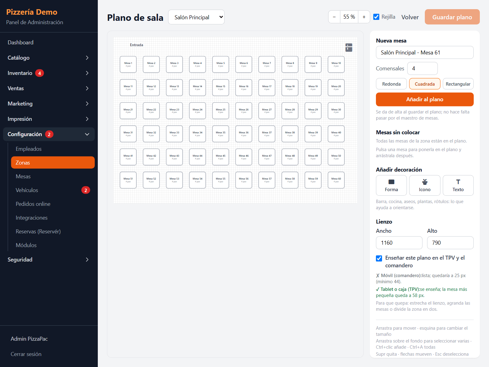Editor del plano de sala con las mesas colocadas y el panel para añadir mesas y decoración.
