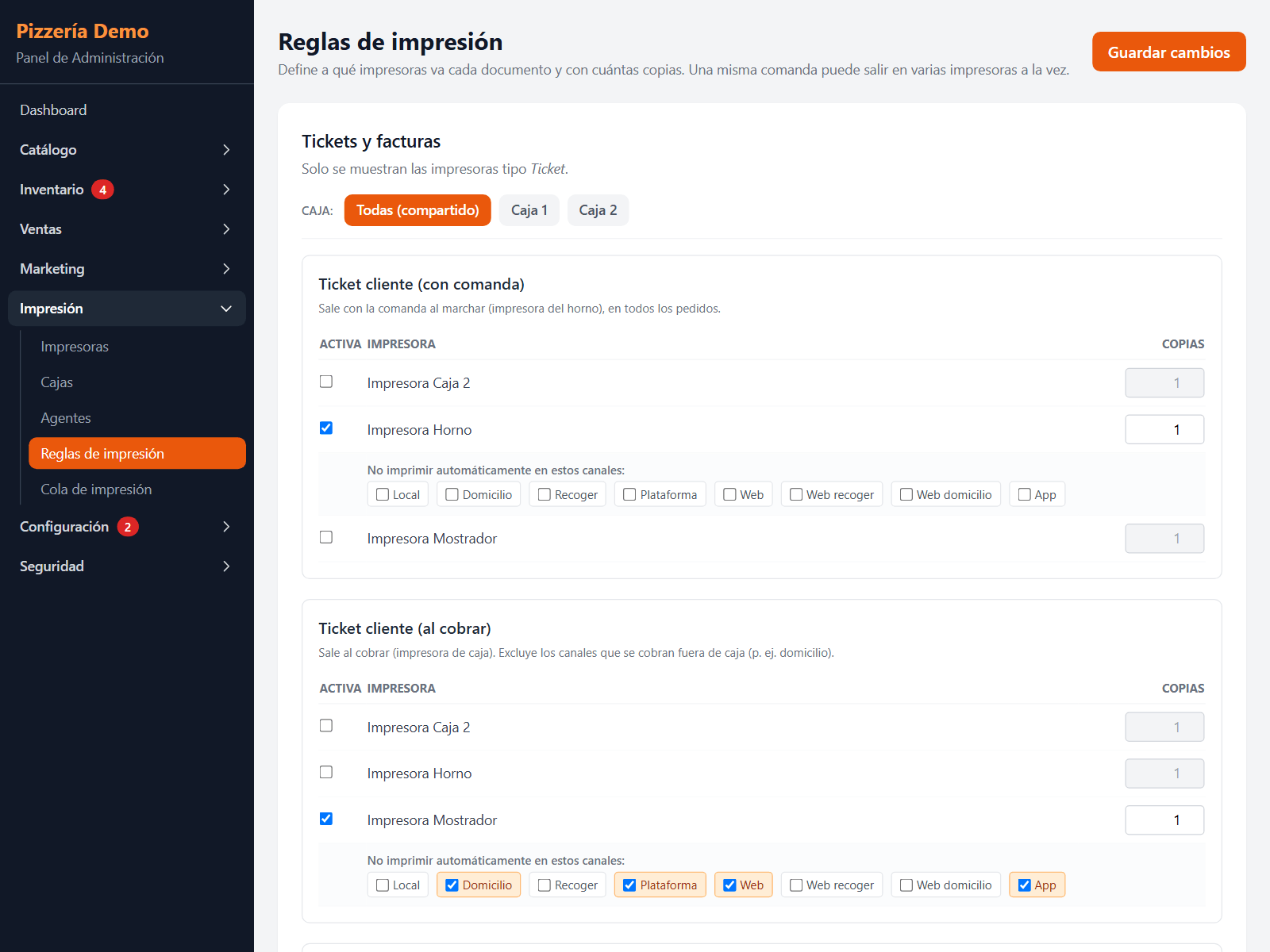 Reglas de impresión: qué impresoras sacan el ticket de cliente y cuántas copias, por caja.