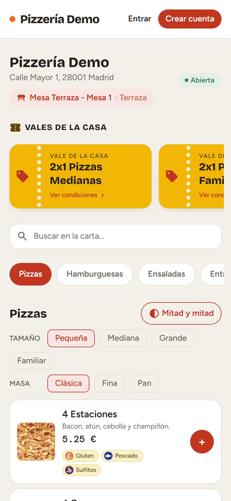La carta abierta desde el QR de la mesa 1 de la terraza.