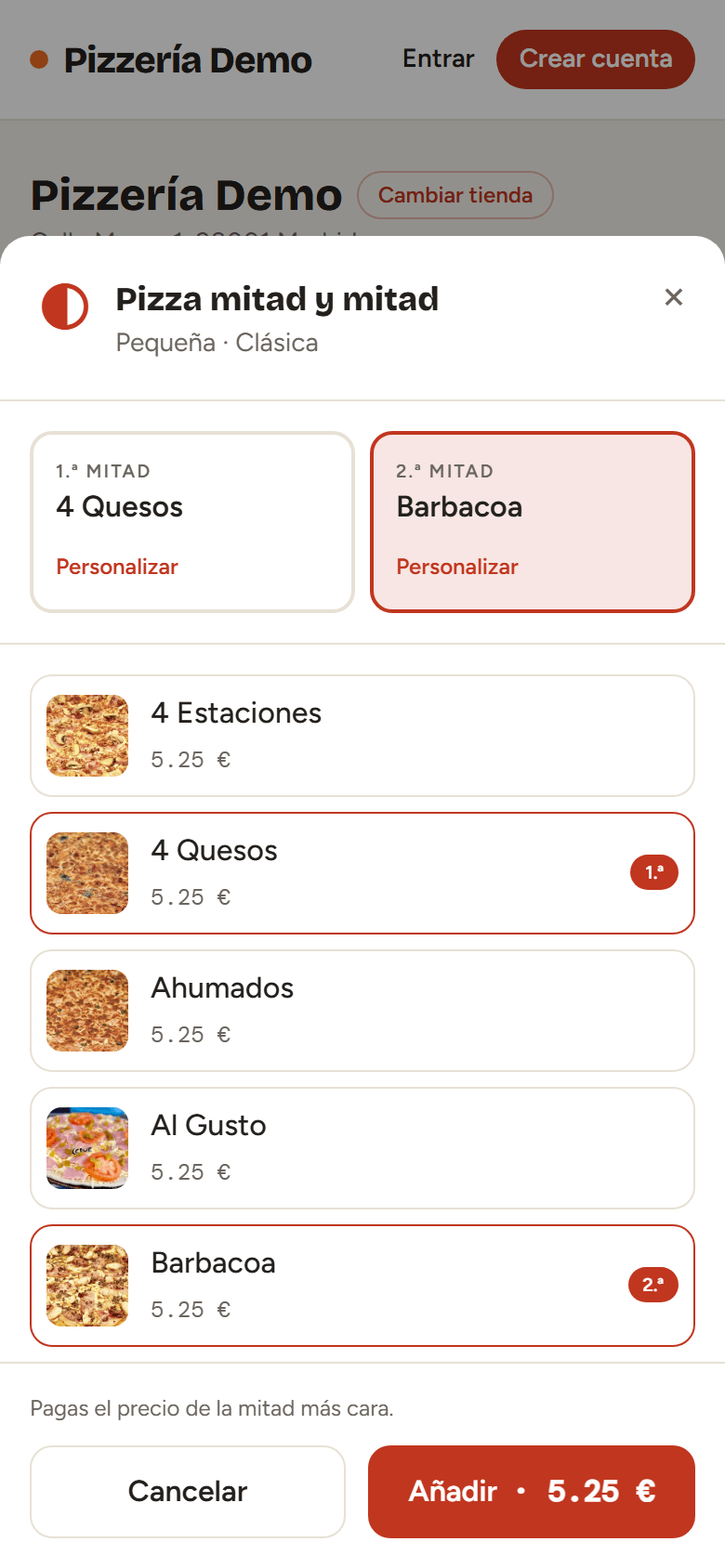 Diálogo «Pizza mitad y mitad» en el móvil con 4 Quesos y Barbacoa elegidas.
